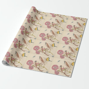 Brown birds with carnations and butterflies wrapping paper
