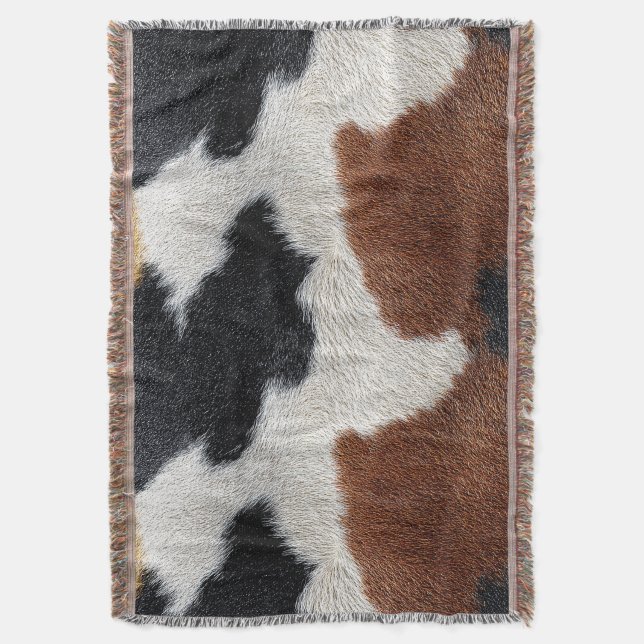 Brown black and white cowhide texture throw pillow blanket (Front Vertical)