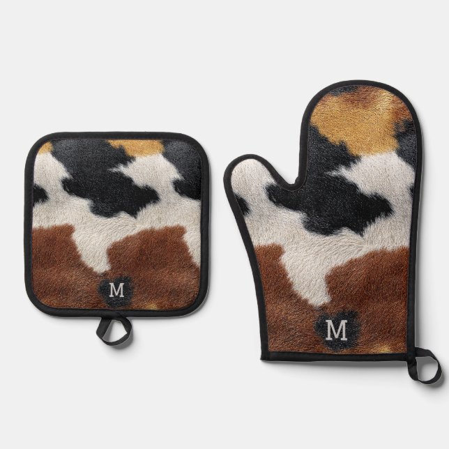 Brown black and white cowhide texture throw pillow oven mitt & pot holder set (Front)