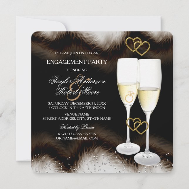 Brown Black Champagne Ring Heart Engagement Party Invitation (Front)