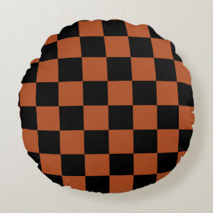Brown Black Chequered Check Pattern Round Cushion
