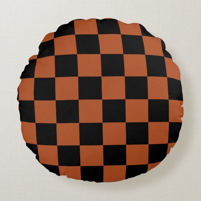 Brown Black Chequered Check Pattern Round Cushion (Front)