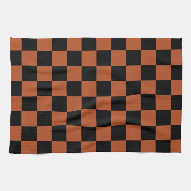 Brown Black Chequered Check Pattern Tea Towel (Horizontal)