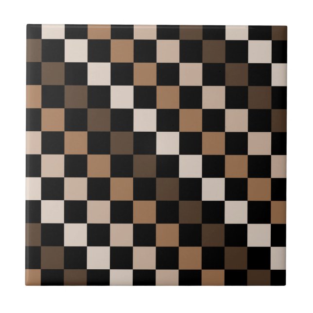Brown Black Chequered Gingham Pattern Ceramic Tile (Front)