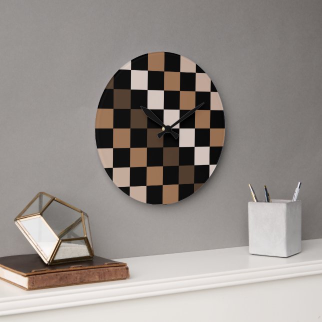 Brown Black Chequered Gingham Pattern Large Clock (Office)