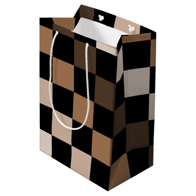 Brown Black Chequered Gingham Pattern Medium Gift Bag (Back Angled)