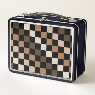 Brown Black Chequered Gingham Pattern Metal Lunch Box