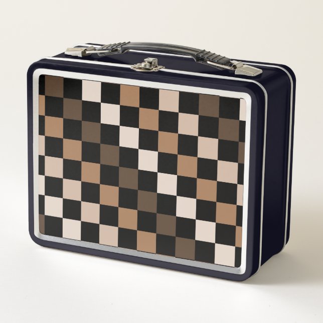 Brown Black Chequered Gingham Pattern Metal Lunch Box (Front)
