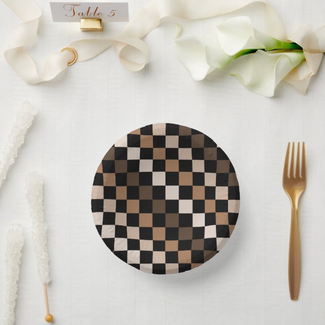 Brown Black Chequered Gingham Pattern Paper Plate (Wedding)