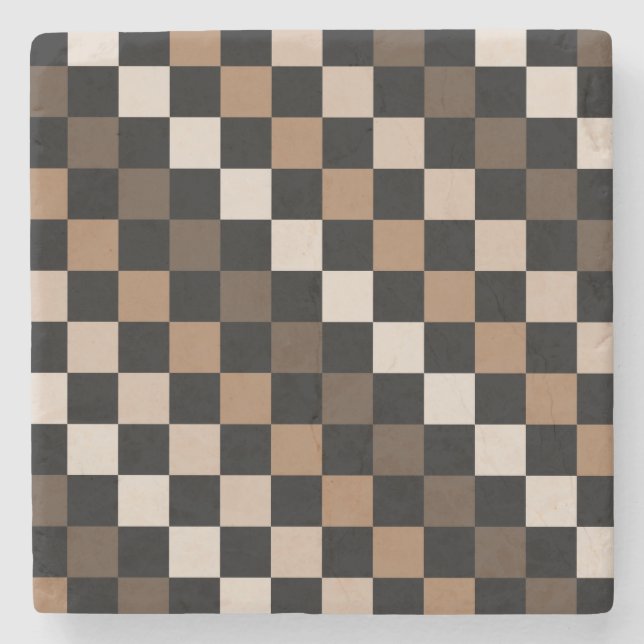 Brown Black Chequered Gingham Pattern Stone Coaster (Front)