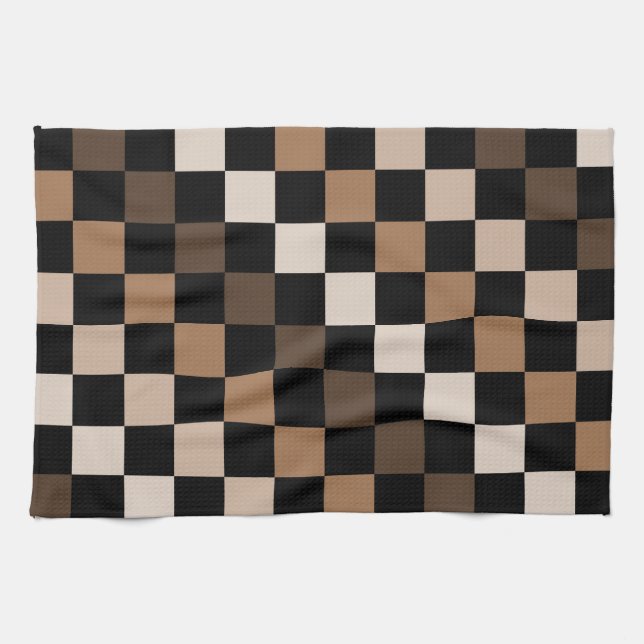 Brown Black Chequered Gingham Pattern Tea Towel (Horizontal)