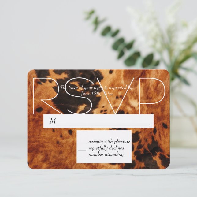 Brown Black Cowhide Cowboy Cowgirl Wedding RSVP Card (Standing Front)