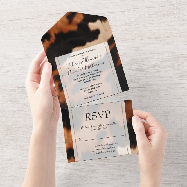 Brown Black Cream Cowhide Wedding All In One Invitation (Tearaway)