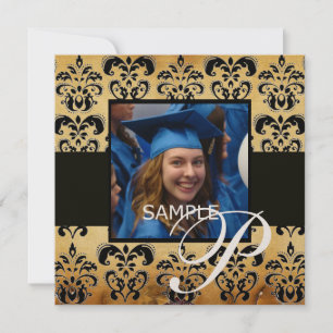 BROWN BLACK DAMASK PARCHMENT GRADUATION  MONOGRAM INVITATION