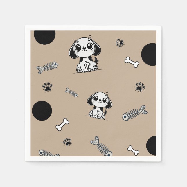 Brown & Black Fish Bones Puppy Dog Birthday Party  Napkin (Front)