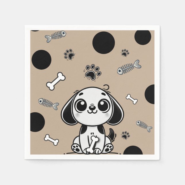 Brown & Black Fish Bones Puppy Dog Birthday Party  Napkin (Front)