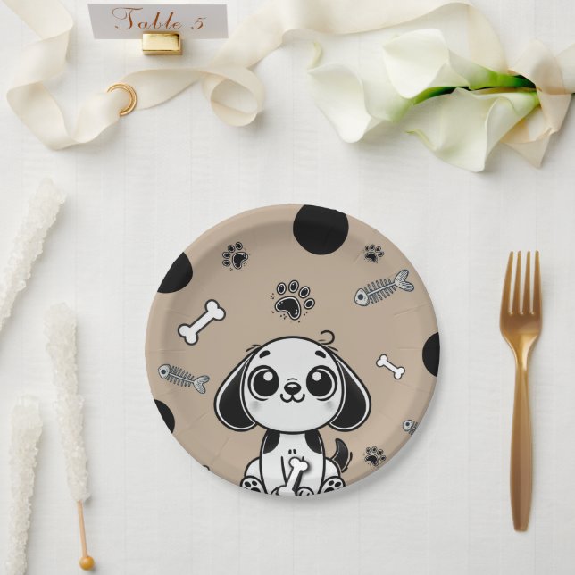 Brown & Black Fish Bones Puppy Dog Birthday Party  Paper Plate (Wedding)