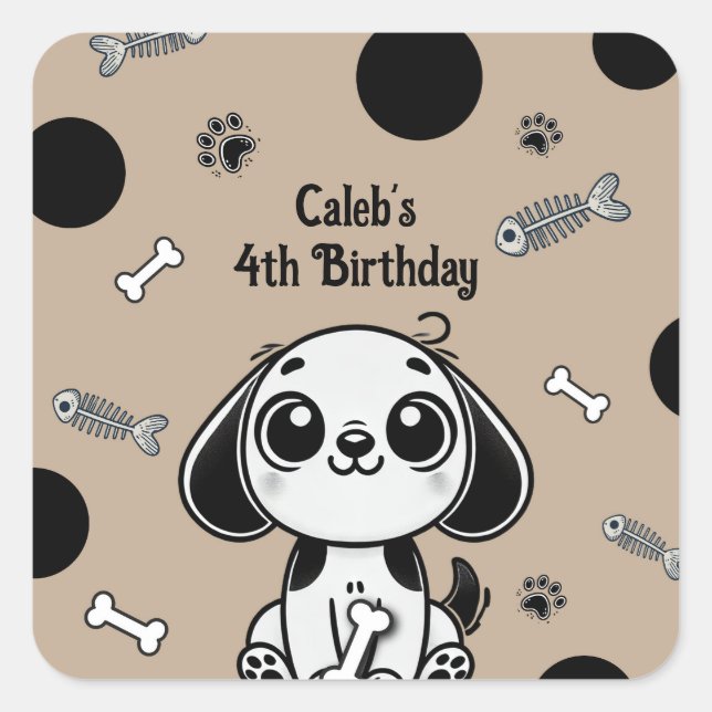 Brown & Black Fish Bones Puppy Dog Birthday Party  Square Sticker (Front)