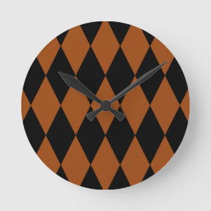 Brown Black Harlequin Diamonds Checkers Design  Round Clock