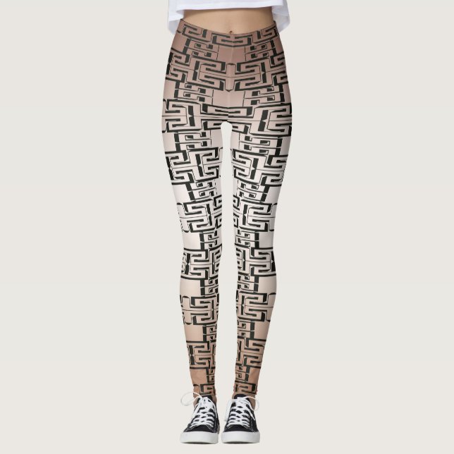 Brown Black Interlocking Abstract Pattern Leggings (Front)