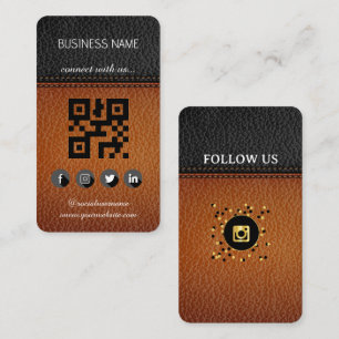 Brown-Black Leather Design-Social Media QR Code  Business Card