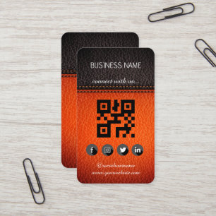 Brown-Black Leather Design-Social Media QR Code  Business Card