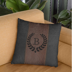 Brown & Black Leather Texture With Black Wreath Cushion
