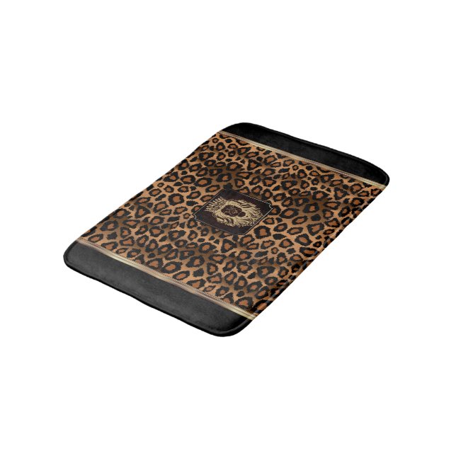 Brown & Black Leopard Pattern with a Lion Head Bath Mat (Angled)
