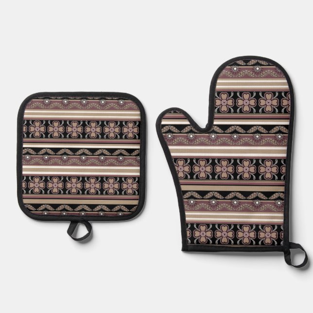 Brown black mexican ornament stripes oven mitt & pot holder set (Front)