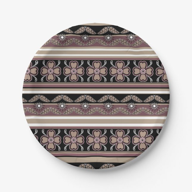 Brown black mexican ornament stripes paper plate (Front)