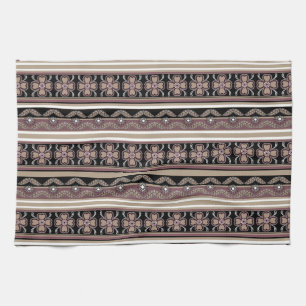 Brown black mexican ornament stripes tea towel