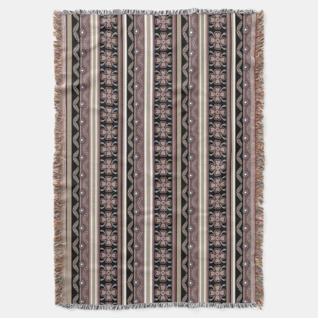 Brown black mexican ornament stripes throw blanket (Front Vertical)