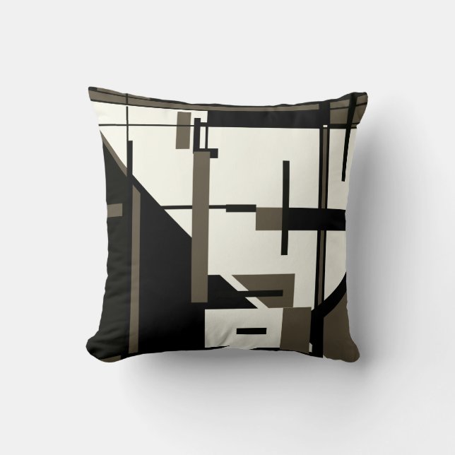 Brown Black on White Geometric Abstract Design Cushion (Front)