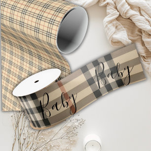Brown Black Plaid Script Elegant Baby Shower Satin Ribbon