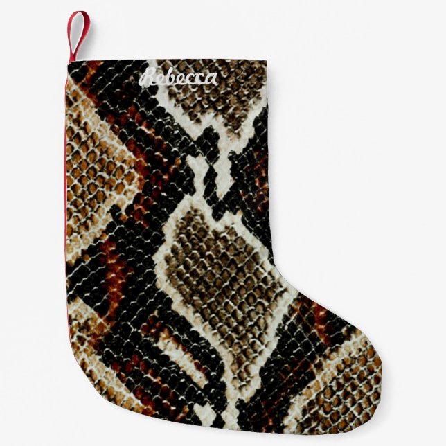 brown black red animal print snake skin small christmas stocking (Front)