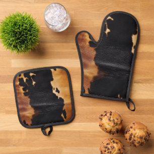 Brown Black Southwest Cowhide Oven Mitt & Pot Holder Set