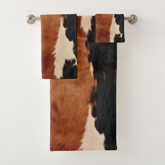 Brown Black Southwest Faux Cowhide Bath Towel Set (Insitu)
