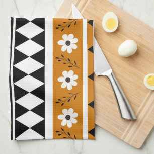 Brown Black Stripe Tropical Floral Botanical  Tea Towel