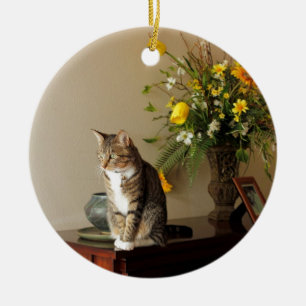 Brown black Tabby cat Sitting on piano flowers Ceramic Ornament
