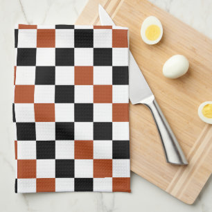 Brown Black White Chequered Pattern Design  Tea Towel