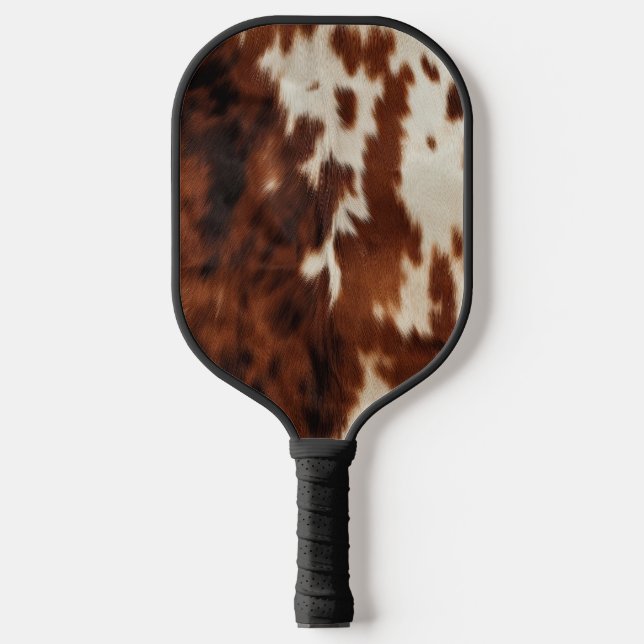 Brown Black White Cowhide Pickleball Paddle (Front)