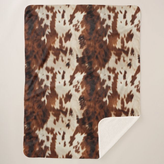 Brown Black White Cowhide Sherpa Blanket (Front)