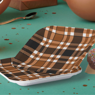 Brown Black White Flannel Tartan Pattern Design  Paper Plate