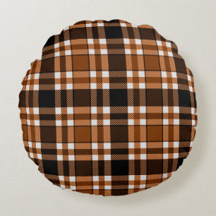 Brown Black White Flannel Tartan Pattern Design Round Cushion
