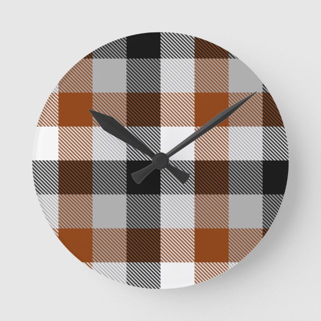 Brown Black White Twill Gingham Design  Round Clock (Front)