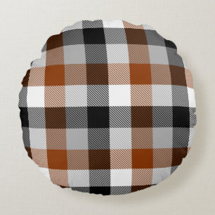 Brown Black White Twill Gingham Design  Round Cushion