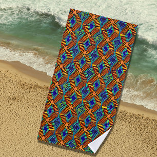 Brown Blue Abstract African Tribal Geometric Beach Towel