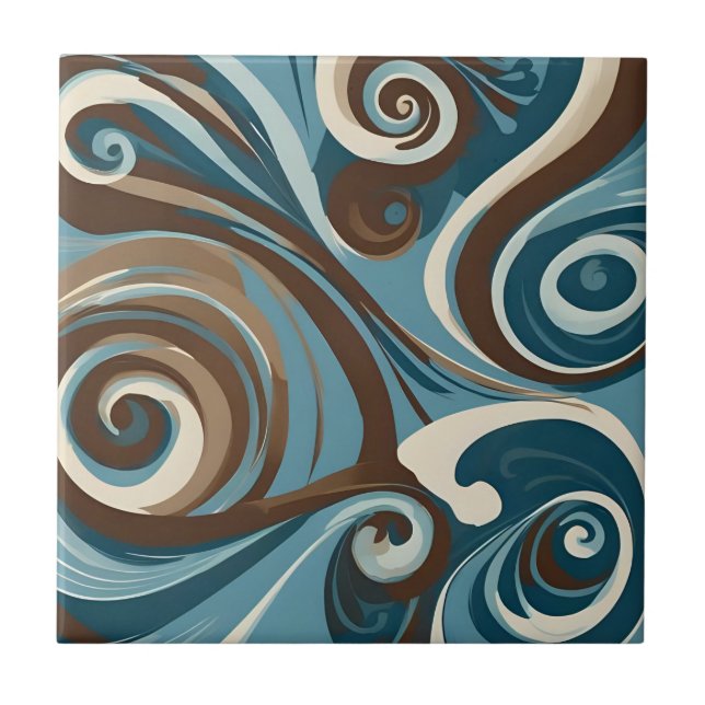 Brown, Blue, and Cream Abstract Ceramic Tile (Front)