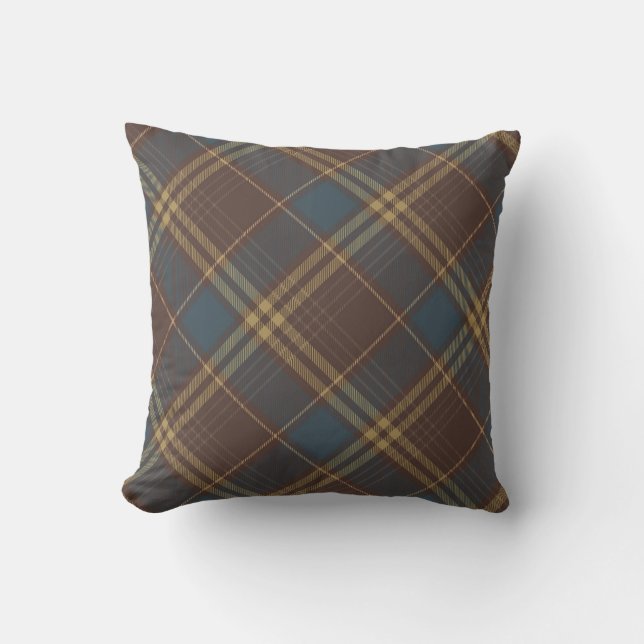 Brown Blue Argyle Plaid Rustic Pattern Cushion (Front)