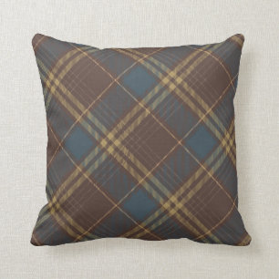 Brown Blue Argyle Plaid Rustic Pattern Cushion